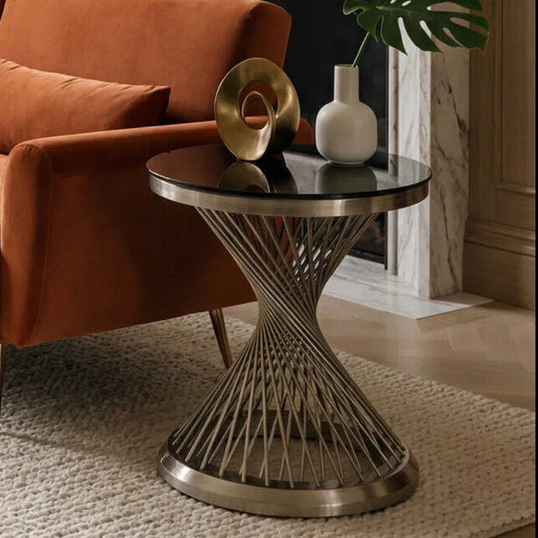 Anzio Black Glass Round Side Table with Silver Finish Base