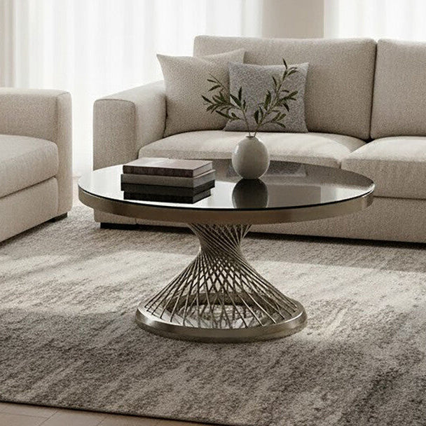 Anzio Black Glass Round Coffee Table with Silver Finish Base