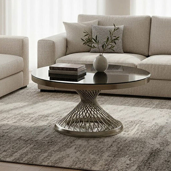 Anzio Black Glass Round Coffee Table with Silver Finish Base