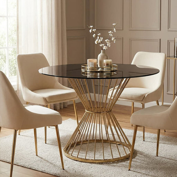 Hourglass Dining Table with Black Glass Top and Gold Base | Anzio