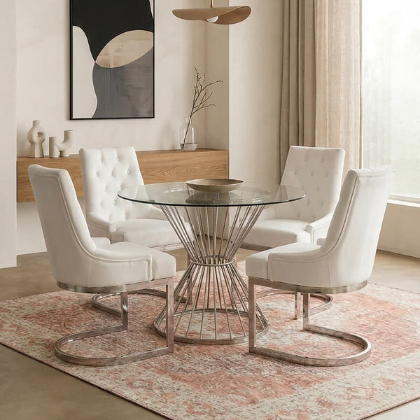Anzio Clear Glass Round Dining Table with Silver Finish Base