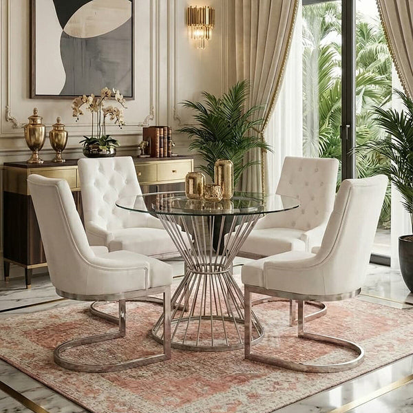 Anzio Clear Glass Round Dining Table with Silver Finish Base