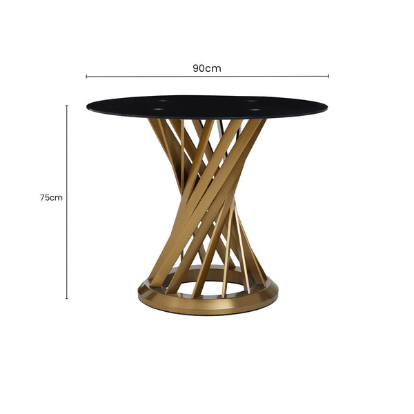 Anzio Black Glass Round Dining Table with Brushed Gold Finish Base