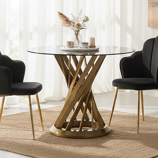 Anzio Black Glass Round Dining Table with Brushed Gold Finish Base