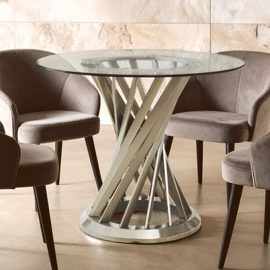 Anzio Clear Glass Round Dining Table with Brushed Silver Finish Base