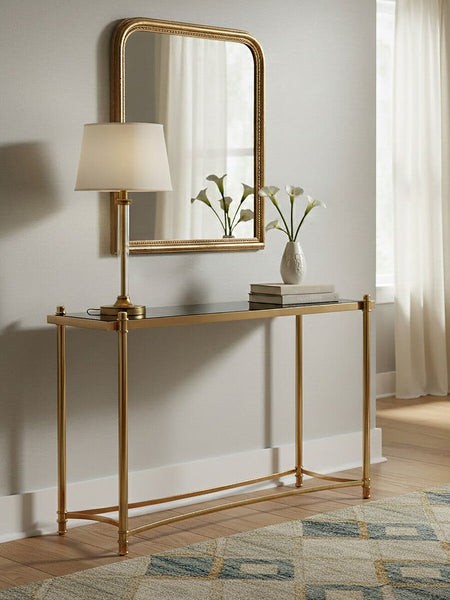 Ackley Gold Metal Console Table with Black Glass Top