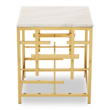 White Marble Top Side Table with Gold Finish Geometric Stainless Steel Base | Aprilia