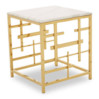 White Marble Top Side Table with Gold Finish Geometric Stainless Steel Base | Aprilia