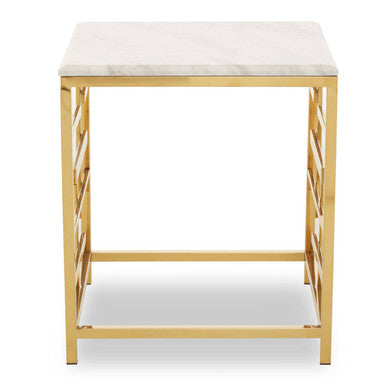 White Marble Top Side Table with Gold Finish Geometric Stainless Steel Base | Aprilia