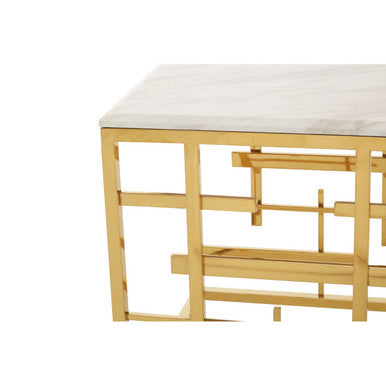 White Marble Top Side Table with Gold Finish Geometric Stainless Steel Base | Aprilia