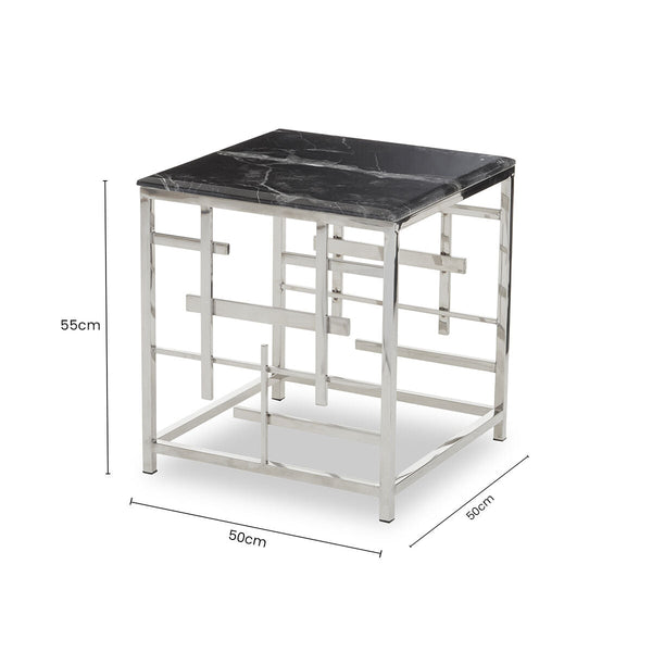 Black Marble Top Side Table with Silver Finish Geometric Stainless Steel Base | Aprilia