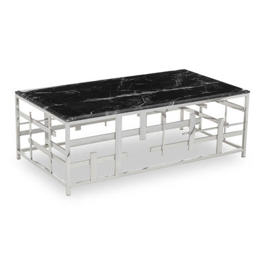 Black Marble Top Coffee Table with Silver Finish Geometric Stainless Steel Base | Aprilia