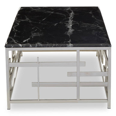 Black Marble Top Coffee Table with Silver Finish Geometric Stainless Steel Base | Aprilia