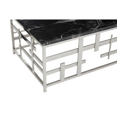 Black Marble Top Coffee Table with Silver Finish Geometric Stainless Steel Base | Aprilia