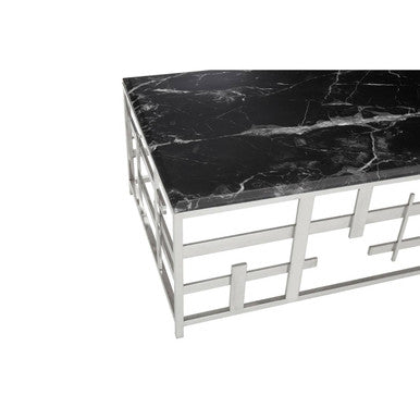 Black Marble Top Coffee Table with Silver Finish Geometric Stainless Steel Base | Aprilia