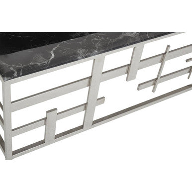 Black Marble Top Coffee Table with Silver Finish Geometric Stainless Steel Base | Aprilia