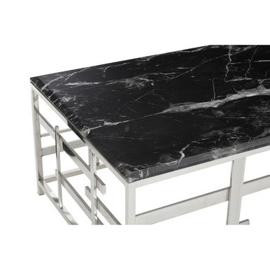 Black Marble Top Coffee Table with Silver Finish Geometric Stainless Steel Base | Aprilia