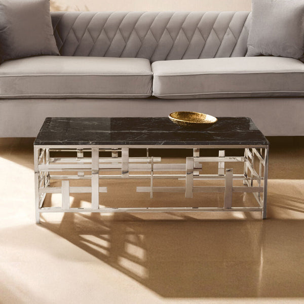 Black Marble Top Coffee Table with Silver Finish Geometric Stainless Steel Base | Aprilia
