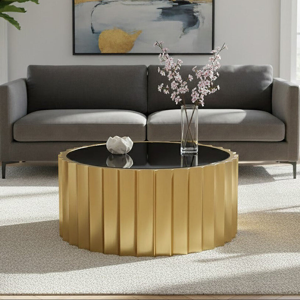 Alvaro Black Glass and Gold Finish Round Coffee Table with Ribbed Texture