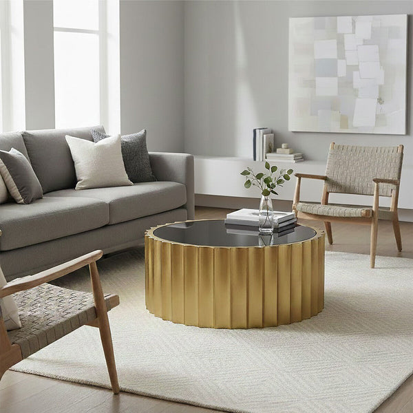 Alvaro Black Glass and Gold Finish Round Coffee Table with Ribbed Texture