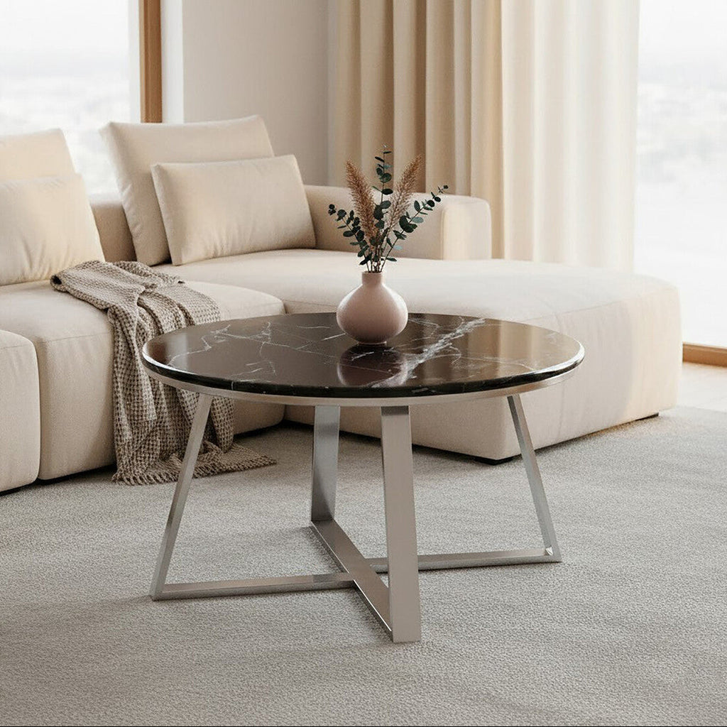 Alvaro Black Marble and Silver Finish Round Coffee Table