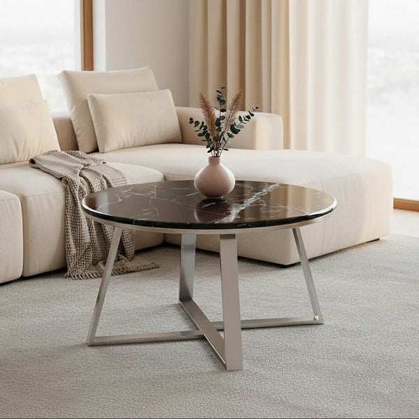 Alvaro Black Marble and Silver Finish Round Coffee Table