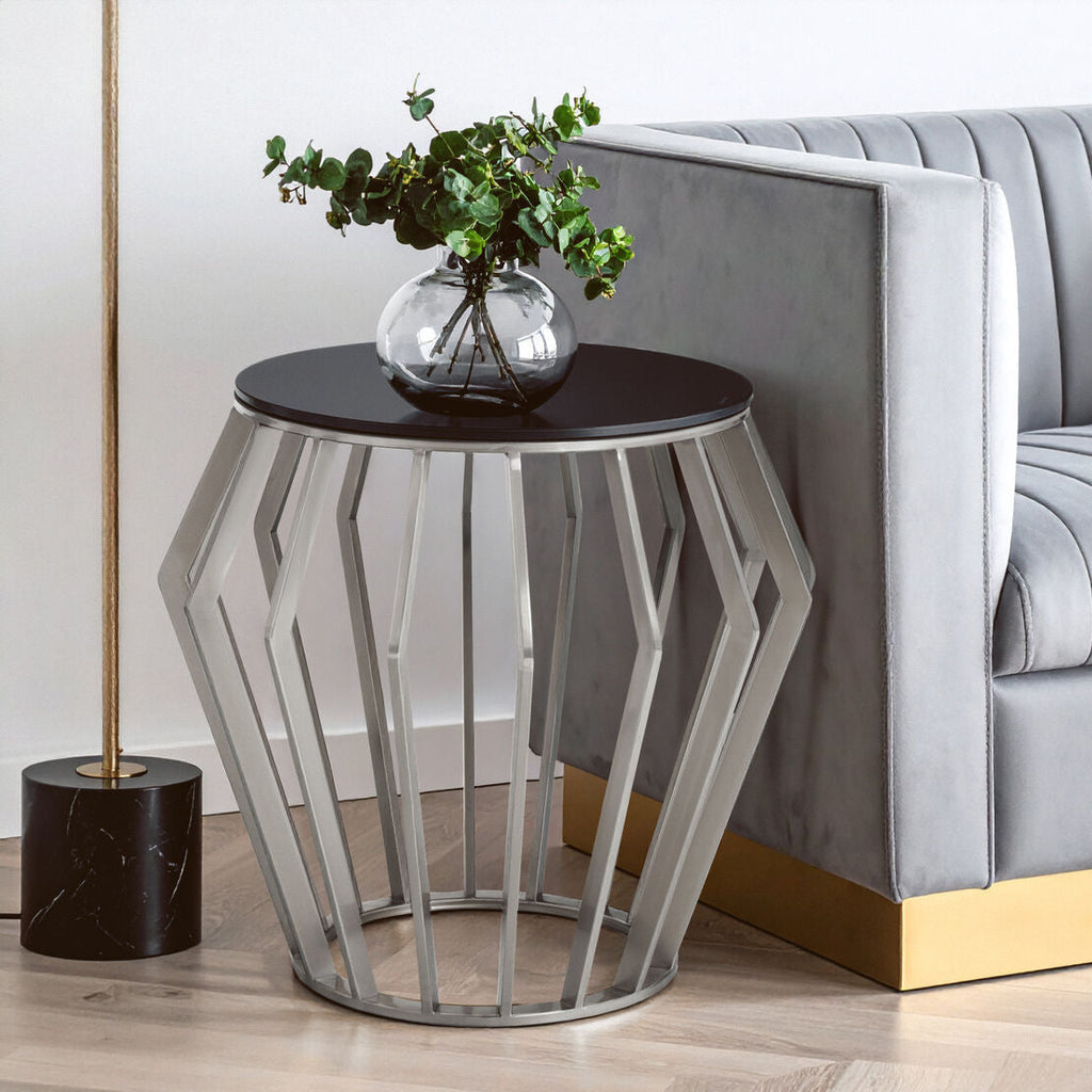 Ackley Black Glass and Silver Finish Round Side Table