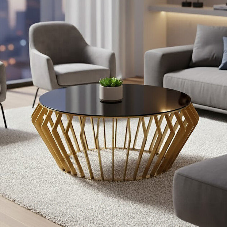 Ackley Black Glass and Gold Finish Round Coffee Table