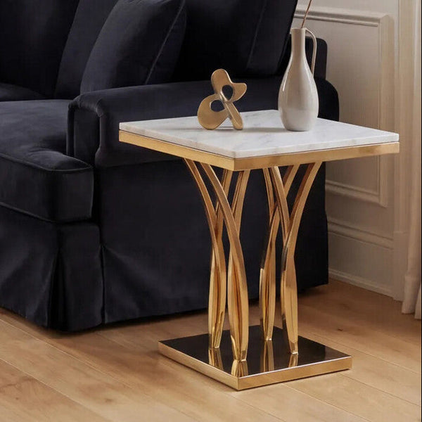 Arenza White Marble Side Table with Gold Finish Frame