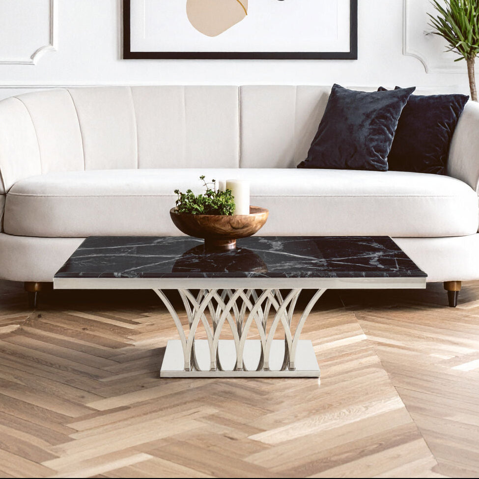 Black Marble Top Coffee Table with Intricate Silver Base | Arenza