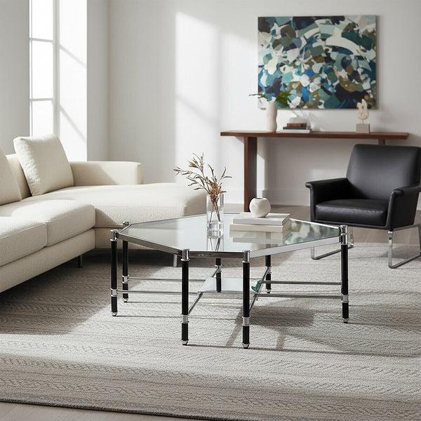Silver and Black Metal Coffee Table with Clear Tempered Glass Top | Allessi