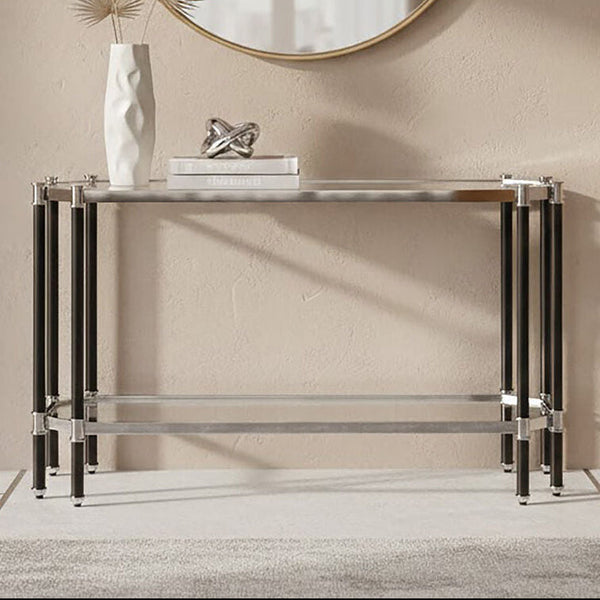 Silver and Black Chrome Finish Console Table with Clear Tempered Glass Top | Allessi