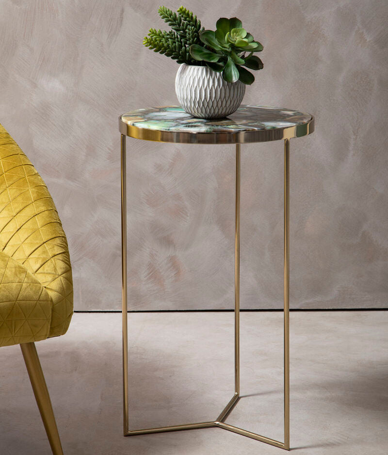 Vita Green Agate and Gold Finish Round Side Table