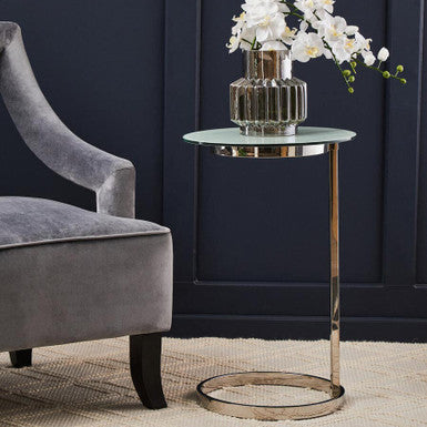 Oria White Marble Effect Glass Round Side Table with Silver Finish Base