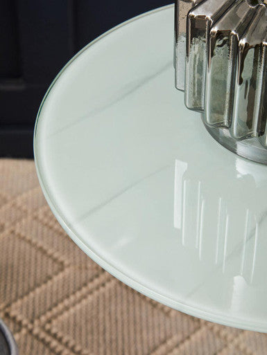 Oria White Marble Effect Glass Round Side Table with Silver Finish Base