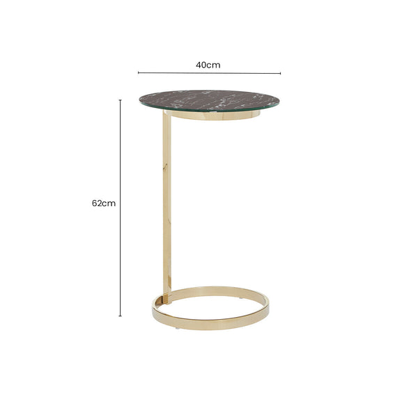 Gold Open Circular Base End Table with Black Marble Effect Glass Top | Oria