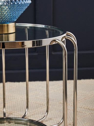 Silver Finish Metallic Frame Side Table with Tempered Glass Top | Oria