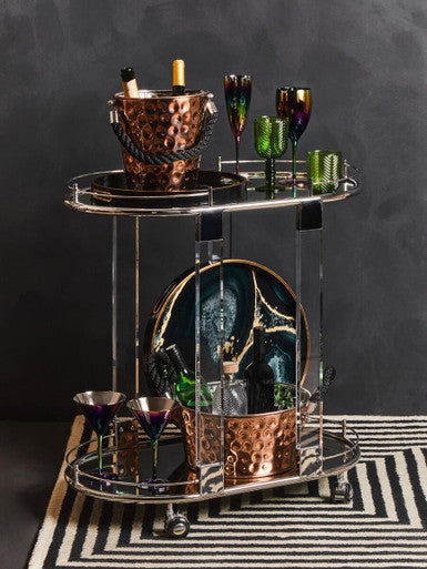 Oria Mirrored Glass Drinks Trolley with Silver Finish Frame