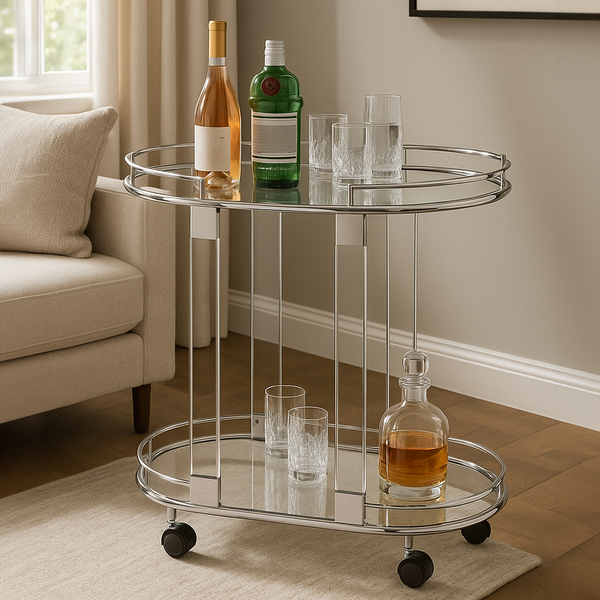 Oria Mirrored Glass Drinks Trolley with Silver Finish Frame