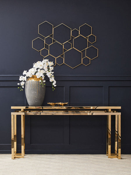 Oria Grey Glass Console Table with Gold Finish Frame