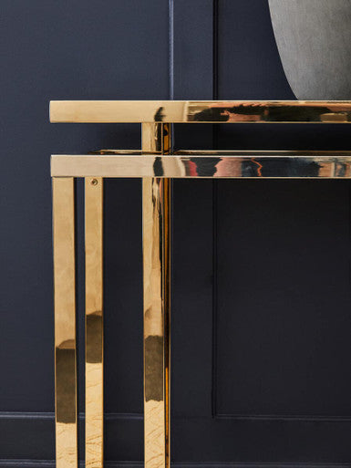 Oria Grey Glass Console Table with Gold Finish Frame