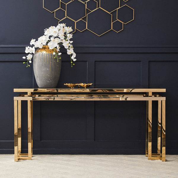 Oria Grey Glass Console Table with Gold Finish Frame