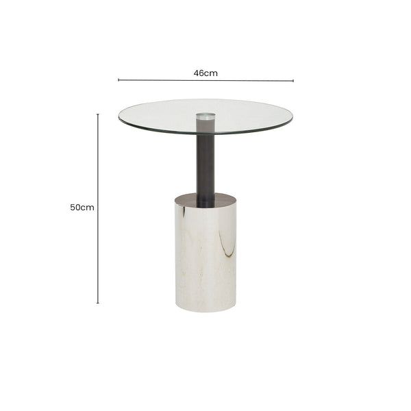 Oria Clear Glass Round Side Table with Black and Silver Finish Base