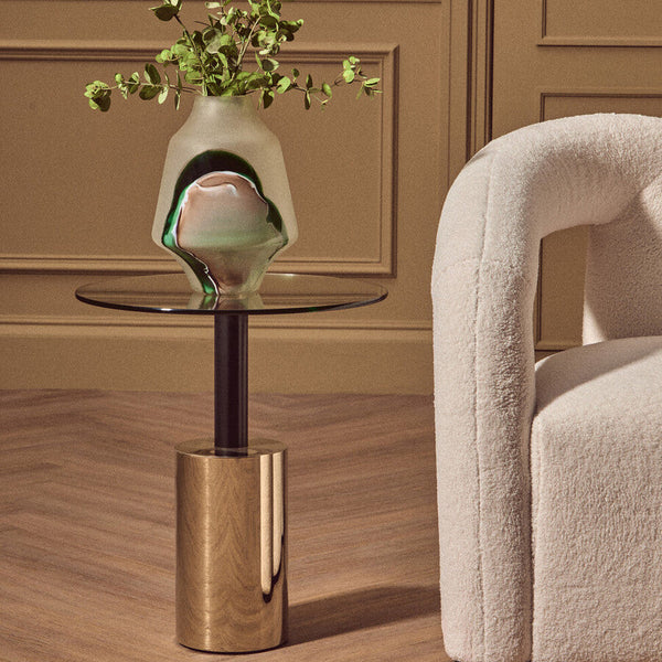 Oria Clear Glass Round Side Table with Black and Gold Finish Base