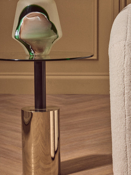 Oria Clear Glass Round Side Table with Black and Gold Finish Base