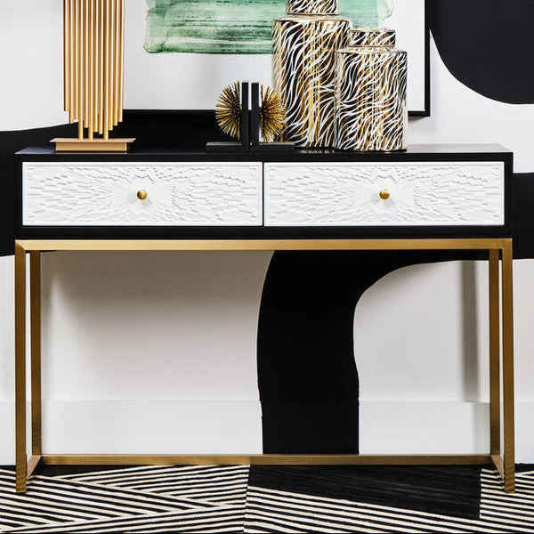 Black and White 2 Drawers Warm Metallic Finish Console Table with Gold Knob Handle, Dumas