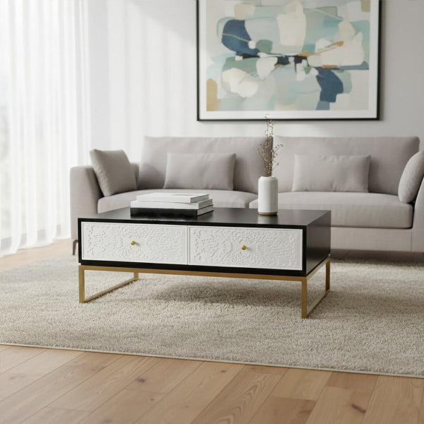 Dumas Black and White 4 Drawer Coffee Table with Gold Base