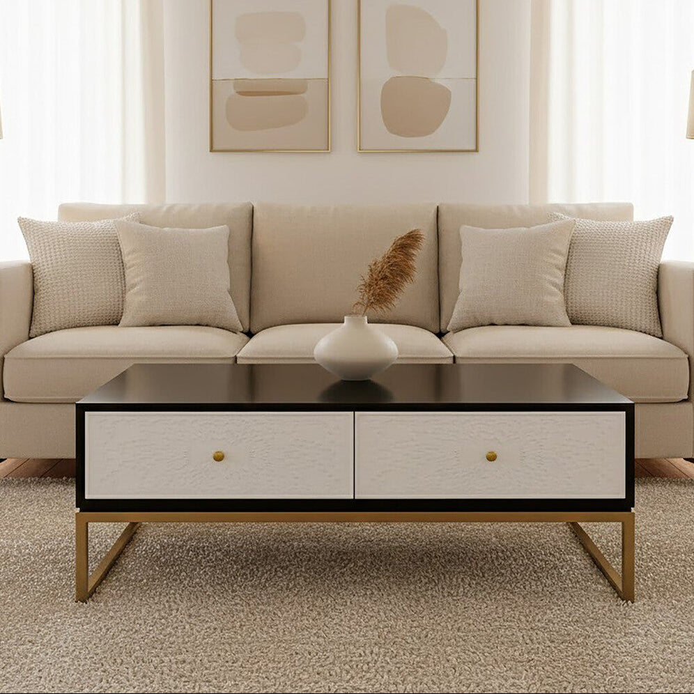 Dumas Black and White 4 Drawer Coffee Table with Gold Base