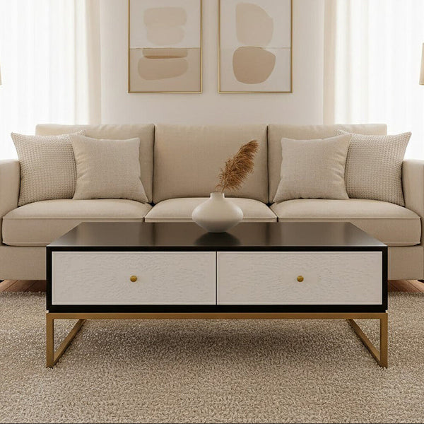 Dumas Black and White 4 Drawer Coffee Table with Gold Base