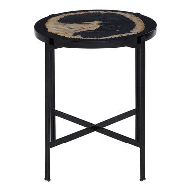 Black Petrified Wood Top Side Table with Cross-Base Legs | Relic